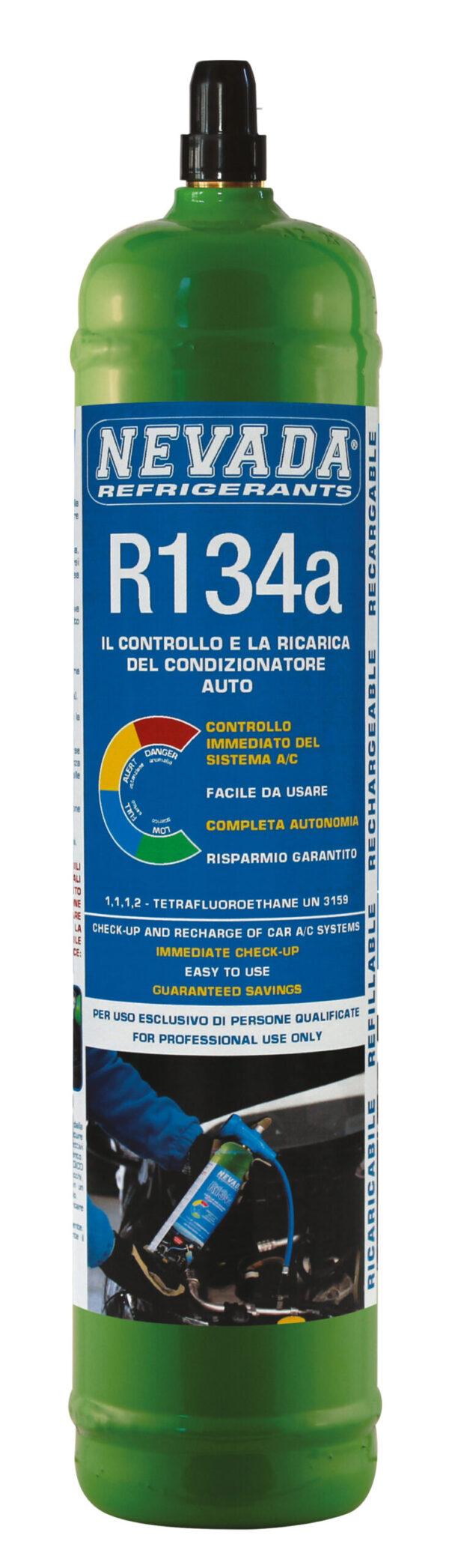 Gas refrigerante R134a 900g con valvola 1/2 ACME compatibile sistema Nevada per clima auto