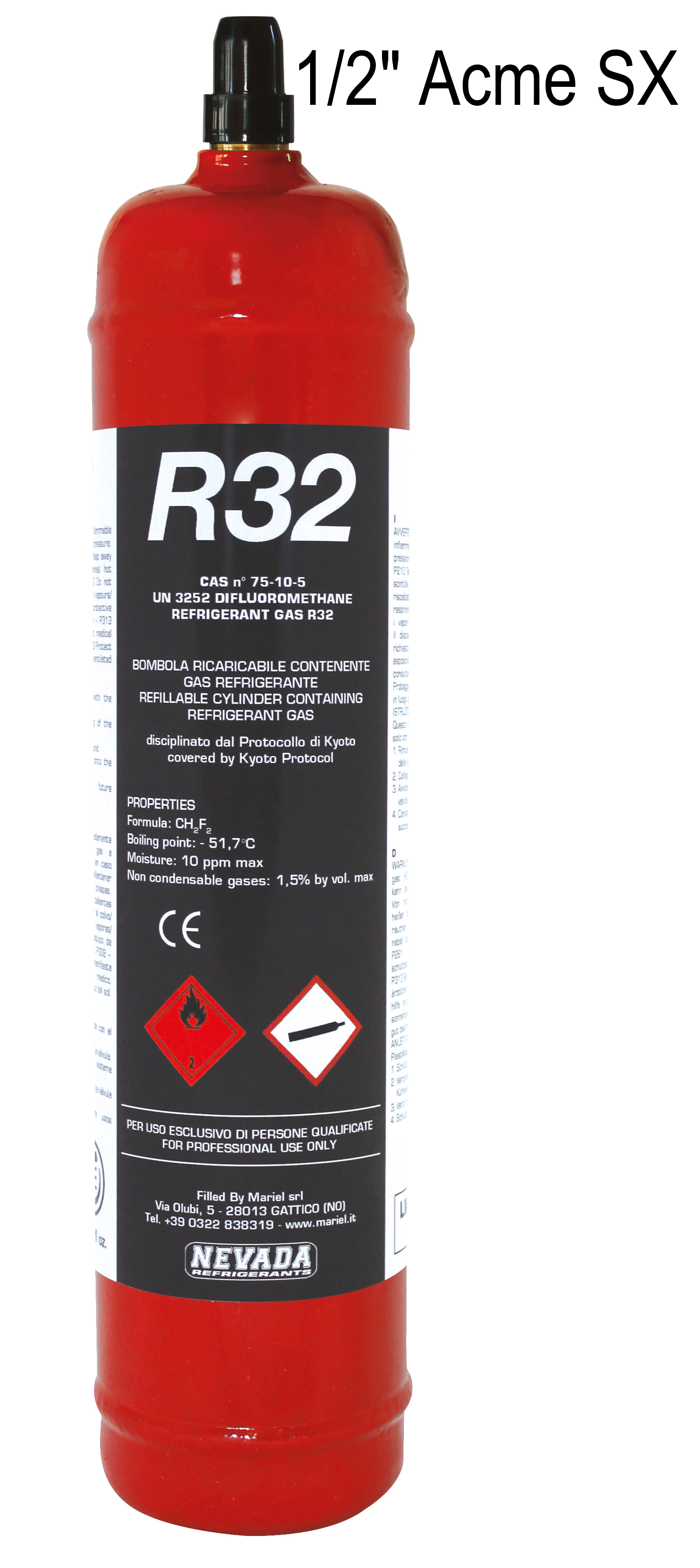 R32 Bombola KryoSmart 32 - 2,5 Lt/1,8 kg - 48 Bar - AC - valvola ½ 16 ACME  LH (ricaricabile)