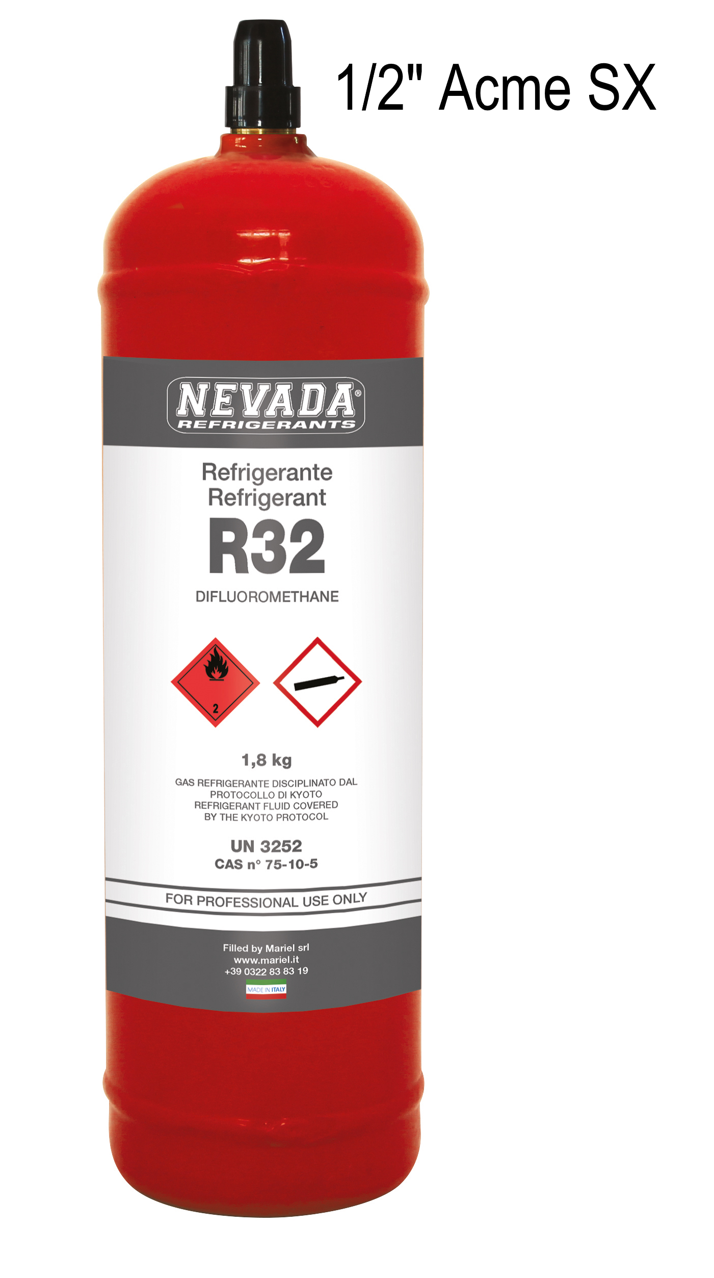 NACHFÜLL-Flasche für R32-Gas mit 1,8 kg 1/2″ ACME LINKS-Ventil -  Refrigerant Boys