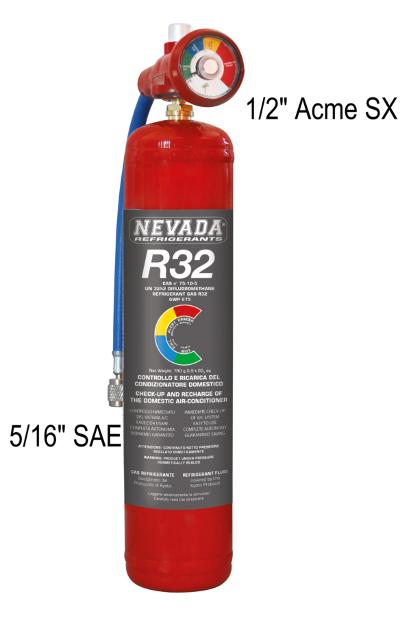 Bombola con 800 grammi di gas R32 con manometro e tubo con attacco 5/16 -  Refrigerant Boys